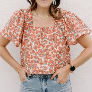 Moodie Red Floral Blouse Flowy Asymmetrical
